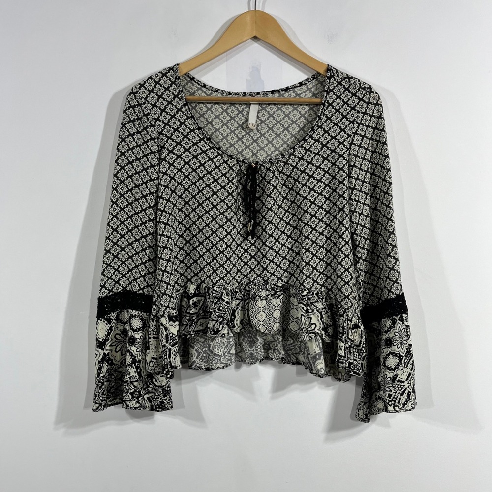 Womens Flowy Retro Boho Block Print Floral Bell Sleeve Top Peasant‎ Dainty XS